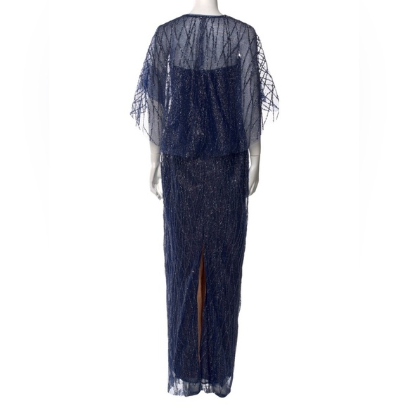 NEW!$1’270! Marchesa Notte Embellished Sequin Column Gown CapeNavy Strapless Sz4 - Picture 5 of 10